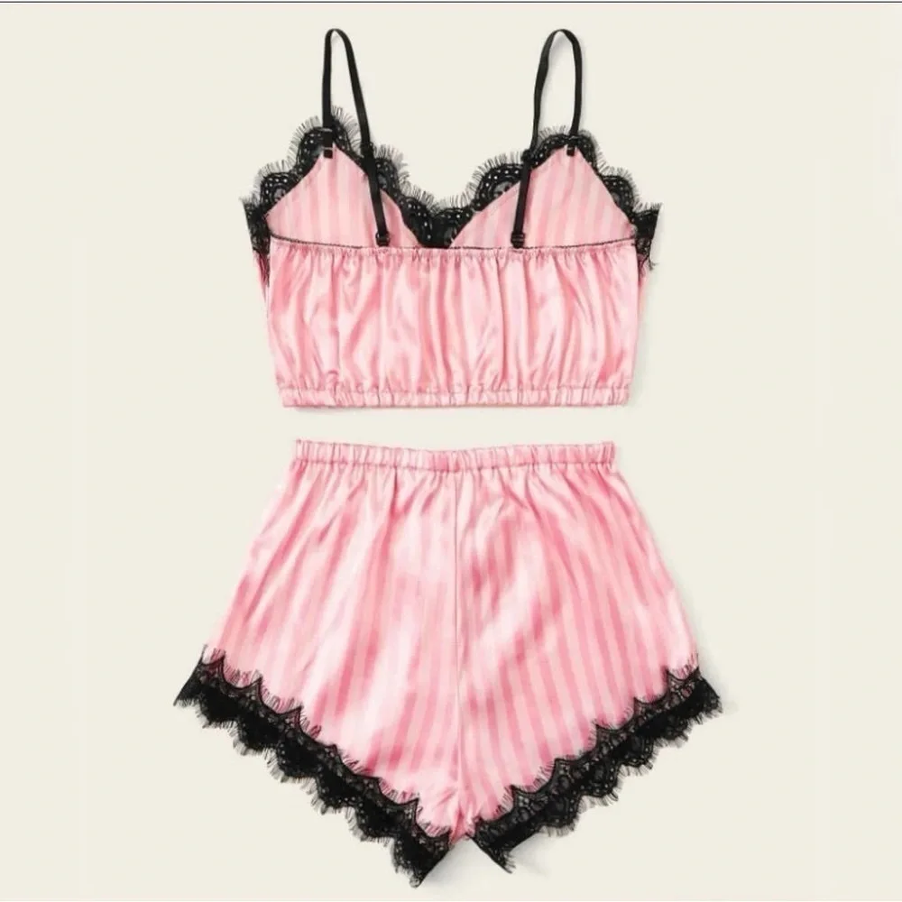 👉 Chic Noir Elegance: Black Lace & Pink Silk Lingerie Pajama Shorts Set